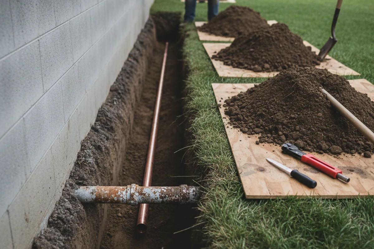 Excavated water line trench during Sewer Line Repair in Converse